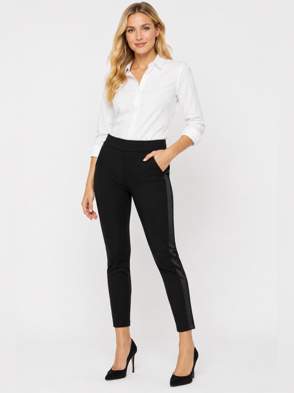 SPANX The Perfect Pant Ankle Skinny Tuxedo Stripe Pull On Black Pants M